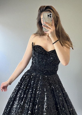 Parlak Siyah Straplez Midi Abiye Elbise - Ana görsel