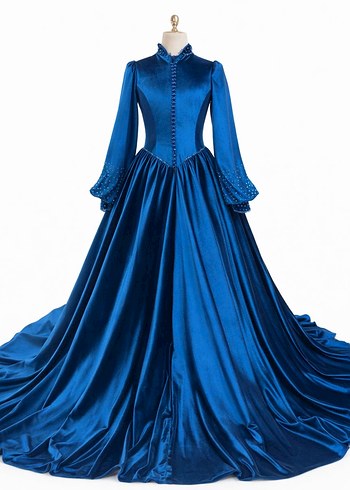 Uzun Kollu Mavi Dantel İşlemeli Kadın Abiye Elbise - Görsel 3