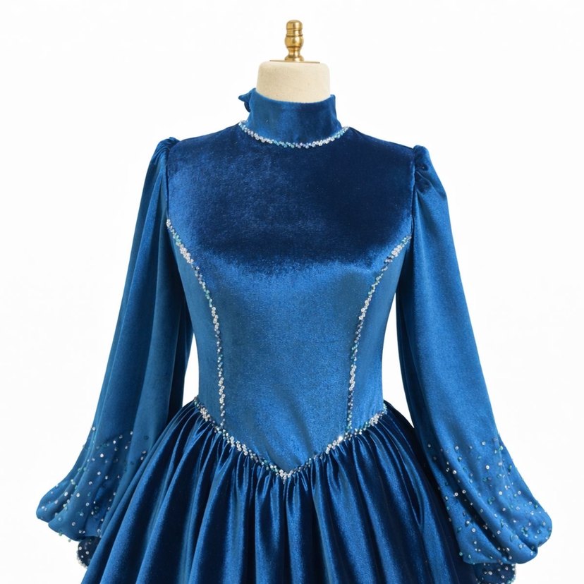 Uzun Kollu Mavi Dantel İşlemeli Kadın Abiye Elbise - Görsel 2