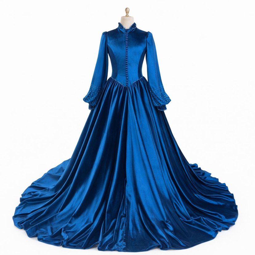 Uzun Kollu Mavi Dantel İşlemeli Kadın Abiye Elbise - Görsel 3