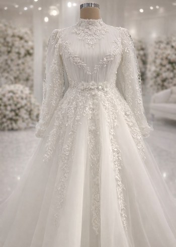 Uzun Kollu Yüksek Yakalı Beyaz Prenses Gelinlik - Görsel 2