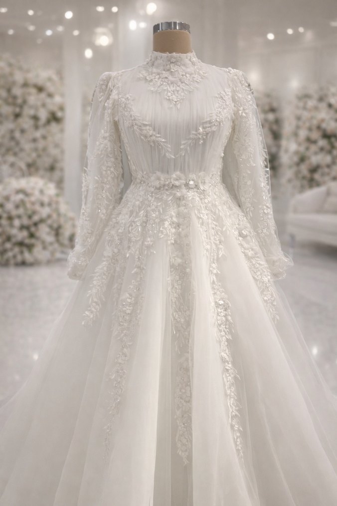 Uzun Kollu Yüksek Yakalı Beyaz Prenses Gelinlik - Görsel 2