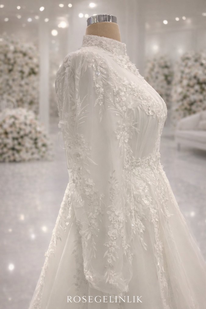 Uzun Kollu Yüksek Yakalı Beyaz Prenses Gelinlik - Görsel 3