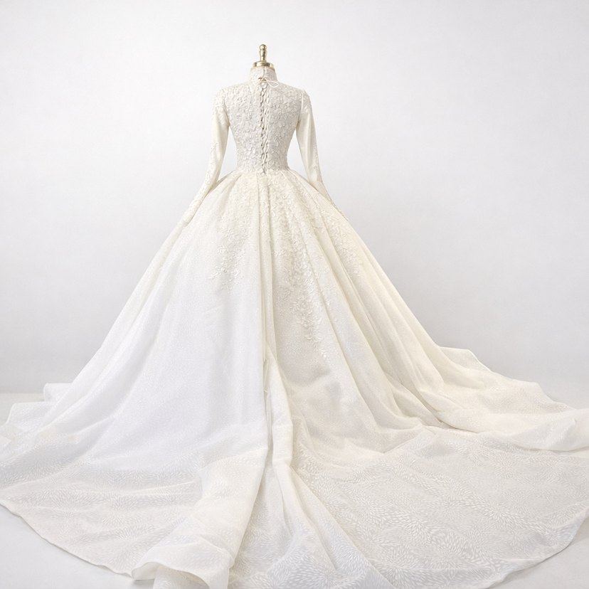 Uzun Kollu Beyaz Prenses Gelinlik - Görsel 3