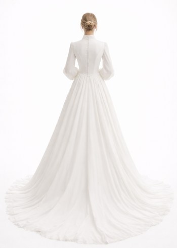 Yüksek Yakalı Uzun Kollu A Kesim Beyaz Gelinlik - Görsel 3