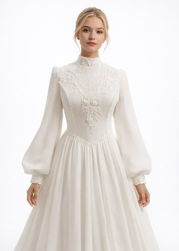 Yüksek Yakalı Uzun Kollu A Kesim Beyaz Gelinlik - Görsel 2