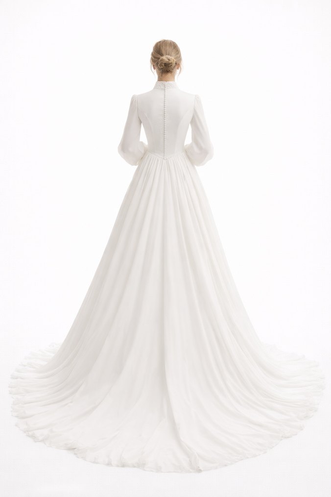 Yüksek Yakalı Uzun Kollu A Kesim Beyaz Gelinlik - Görsel 3