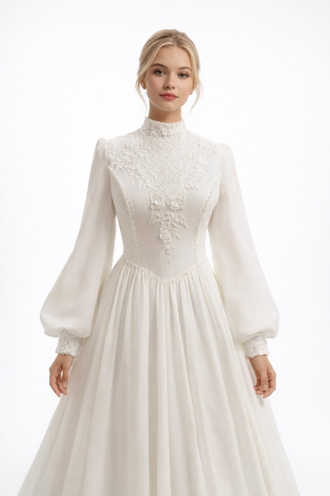 Yüksek Yakalı Uzun Kollu A Kesim Beyaz Gelinlik - Görsel 2