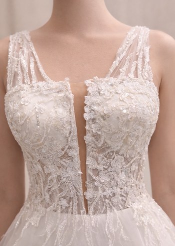 V Yaka Kolsuz A Kesim Beyaz Gelinlik - Görsel 2