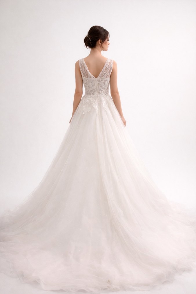 V Yaka Kolsuz A Kesim Beyaz Gelinlik - Görsel 3