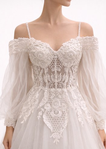 Uzun Kollu Straplez A Kesim Beyaz Gelinlik - Görsel 3