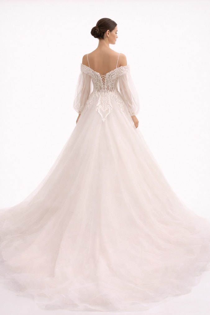 Uzun Kollu Straplez A Kesim Beyaz Gelinlik - Görsel 2