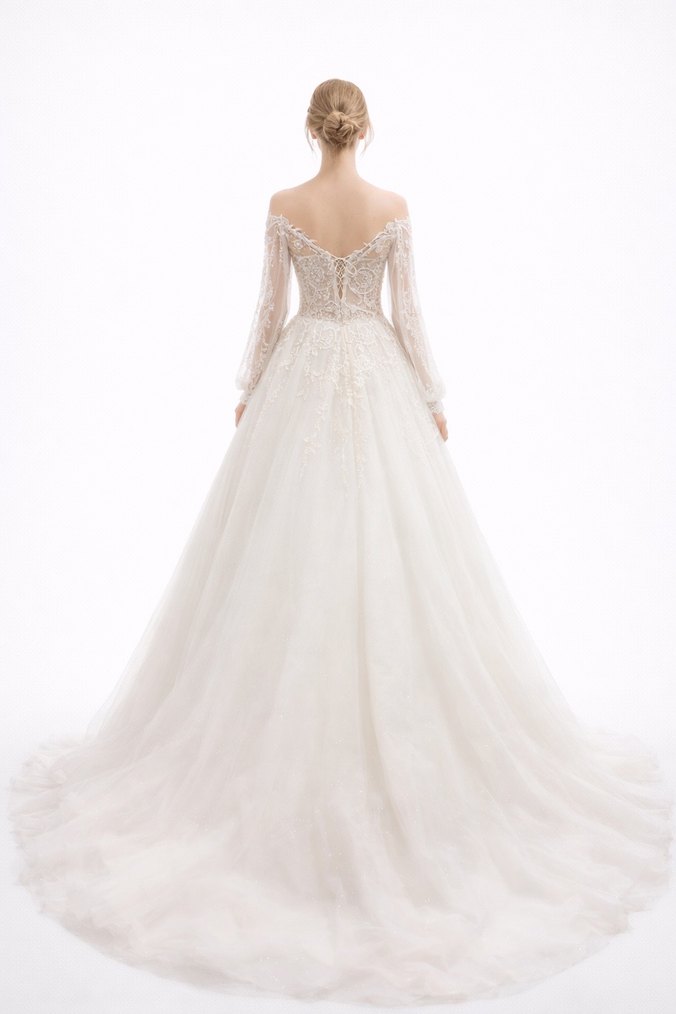 Uzun Kollu Beyaz A Kesim Gelinlik - Görsel 3