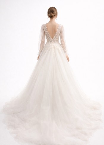 Bej V Yaka Uzun Kollu A Kesim Gelinlik - Görsel 3