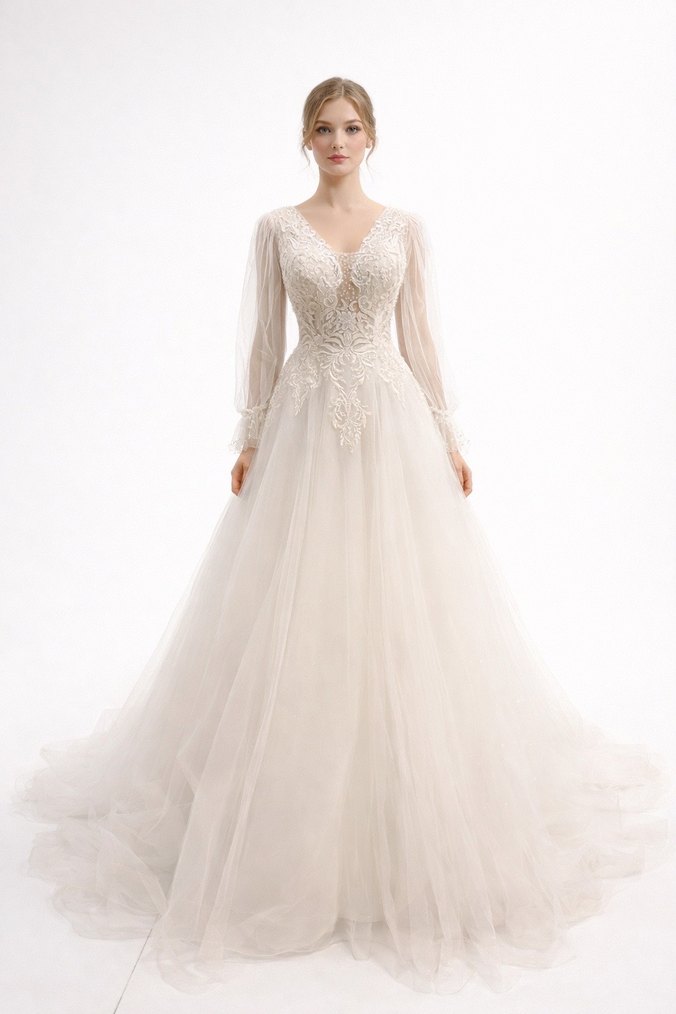 Bej V Yaka Uzun Kollu A Kesim Gelinlik - Görsel 2