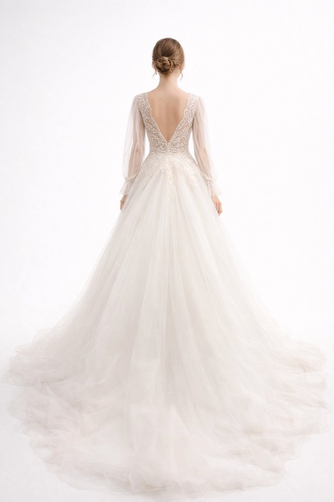 Bej V Yaka Uzun Kollu A Kesim Gelinlik - Görsel 3