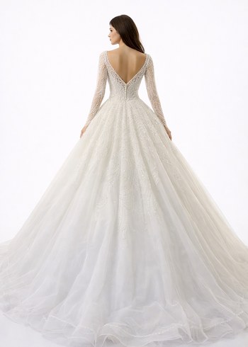 Uzun Kollu, V Yakalı Prenses Gelinlik - Görsel 3