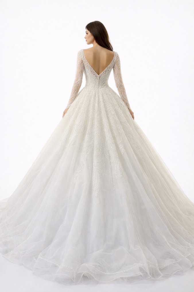 Uzun Kollu, V Yakalı Prenses Gelinlik - Görsel 3