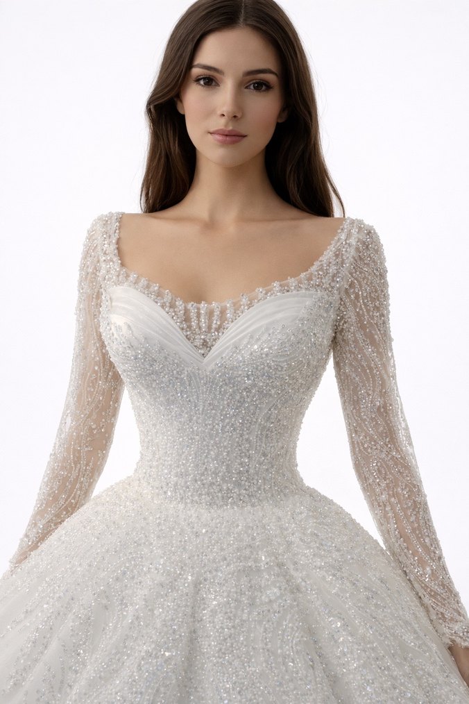 Uzun Kollu, V Yakalı Prenses Gelinlik - Görsel 2