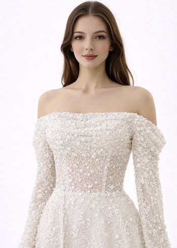 Uzun Kollu Straplez Beyaz Prenses Gelinlik - Görsel 2