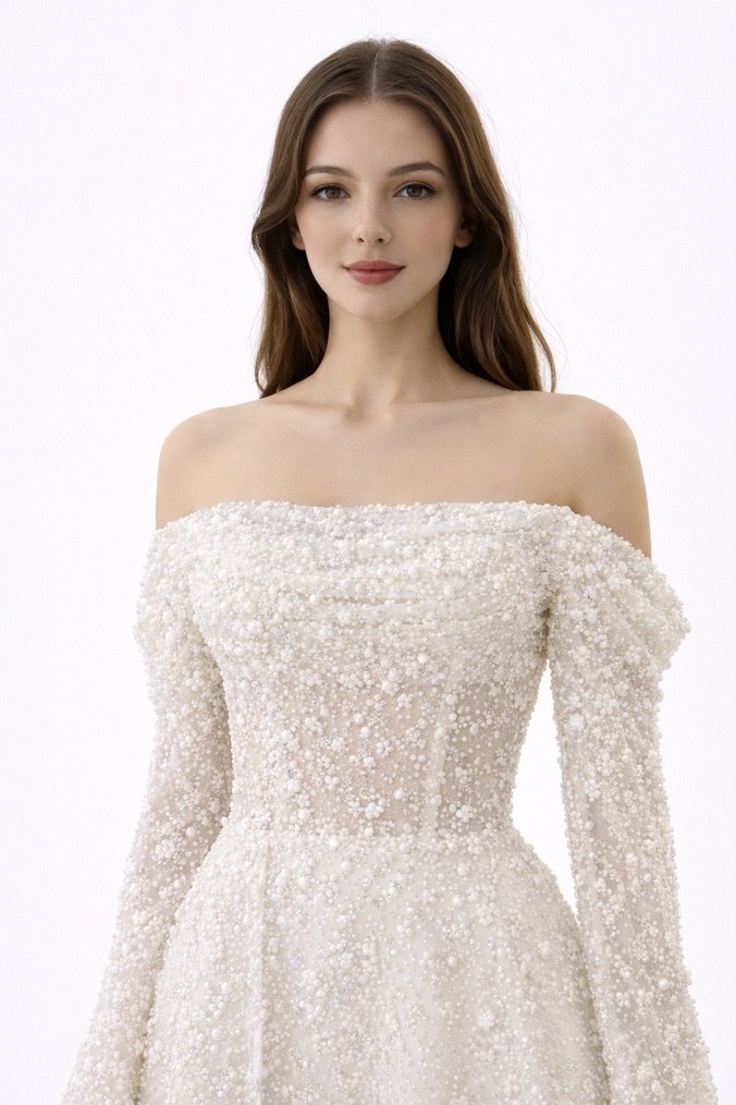 Uzun Kollu Straplez Beyaz Prenses Gelinlik - Görsel 2