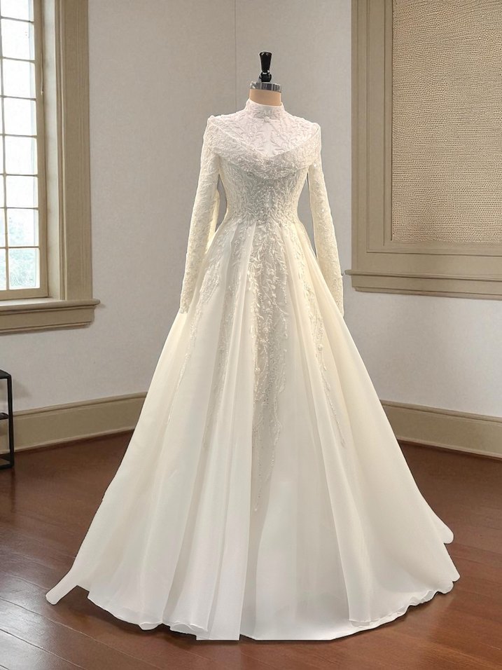 Uzun Kollu Yüksek Yakalı Beyaz Prenses Gelinlik - Görsel 3