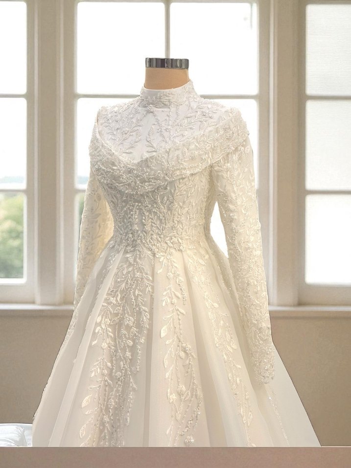 Uzun Kollu Yüksek Yakalı Beyaz Prenses Gelinlik - Görsel 2