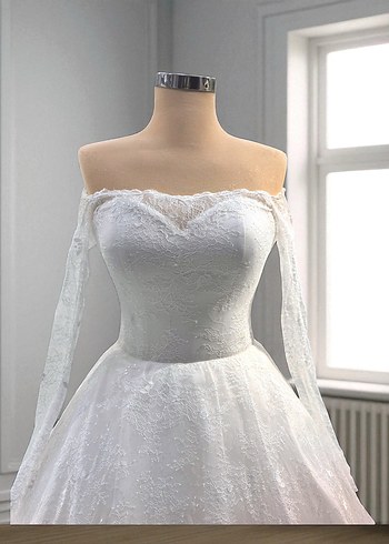 Uzun Kollu Straplez Beyaz Prenses Gelinlik - Görsel 4