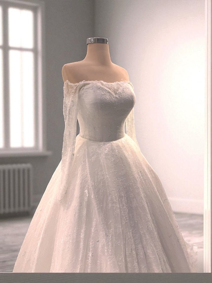 Uzun Kollu Straplez Beyaz Prenses Gelinlik - Görsel 5