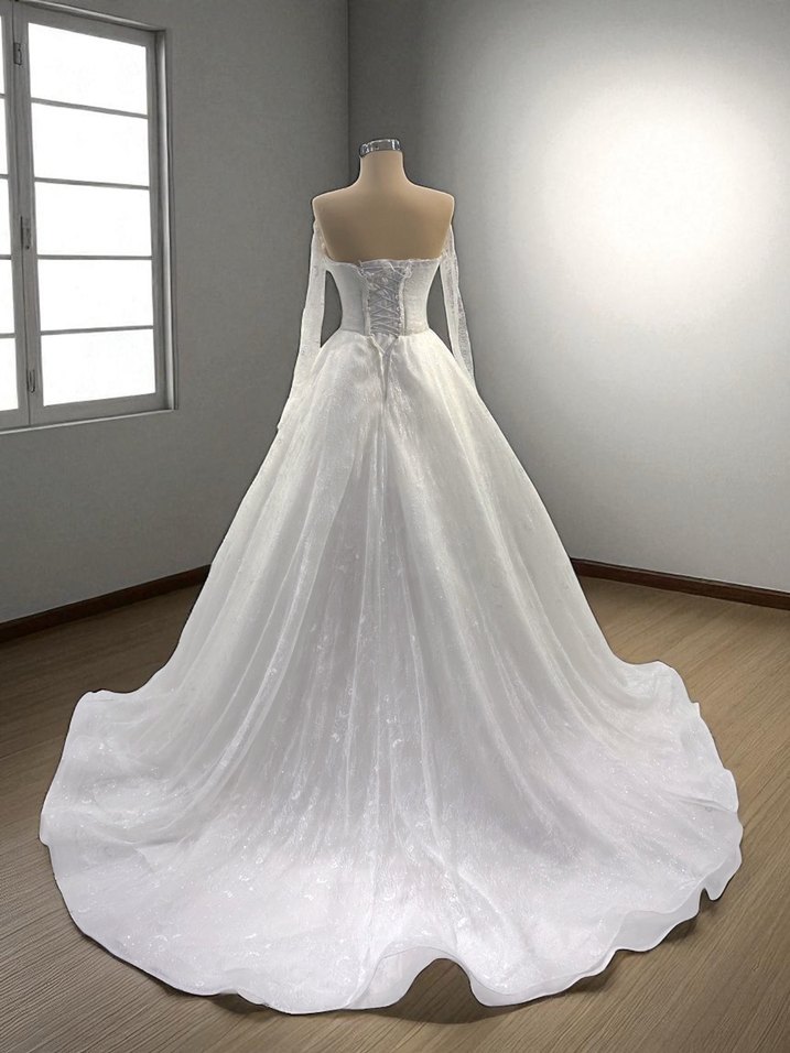 Uzun Kollu Straplez Beyaz Prenses Gelinlik - Görsel 3