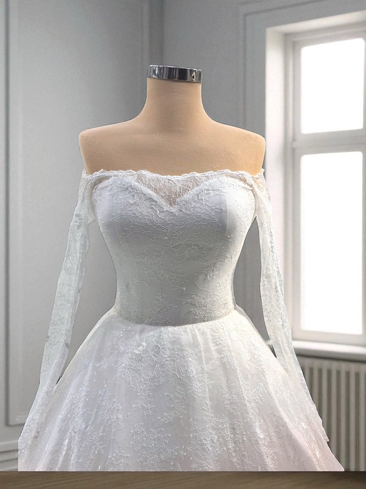 Uzun Kollu Straplez Beyaz Prenses Gelinlik - Görsel 4