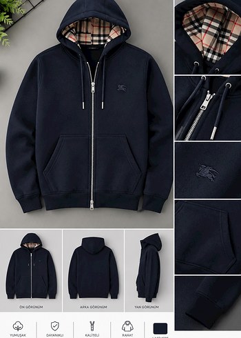 Burberry Lacivert Kapusonlu Fermuarli Burberry Hirka