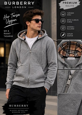Burberry Gri Kapusonlu Fermuarli Sweatshirt
