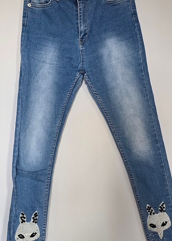 Diğer Kedi İslemeli Mavi Denim Jean