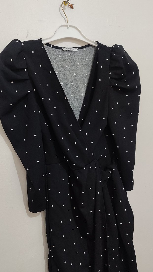 Puantiye Desenli Siyah Kadın elbise - Görsel 4