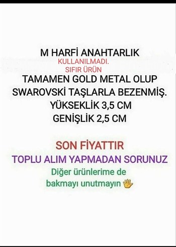 GOLD METAL ÜZERİNE SWAROVSKY TAŞLI M HARFİ ANAHTARLIK - Görsel 3