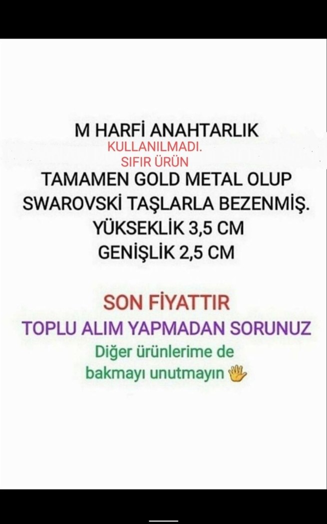 GOLD METAL ÜZERİNE SWAROVSKY TAŞLI M HARFİ ANAHTARLIK - Görsel 3