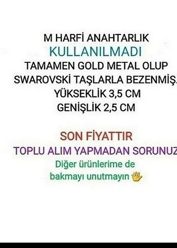 Beden M HARFİ SWAROVSKİ GOLD ANAHTARLIK
