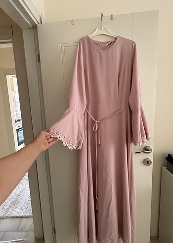 Puane Pembe Uzun Kollu İşlemeli Kadın Elbise
