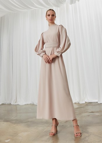 Diğer Pudra Pembe Minimalist Uzun Elbise