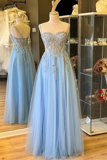 xs Beden Buz Mavi Simli Dantel Kaplama Maxi Boy Abiye ve Nişan Elbisesi
