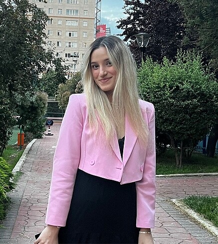 m Beden Kruvaze Crop Blazer Ceket Pembe