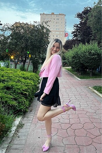 Quzu Kruvaze Crop Blazer Ceket Pembe