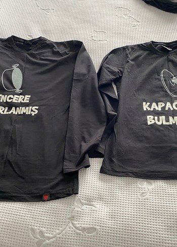 Siyah Baskılı kadın ve Erkek tshirt takım - Görsel 2