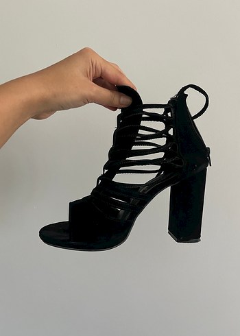 39 Beden Siyah Süet Bağcıklı Stiletto Topuklu Ayakkabı