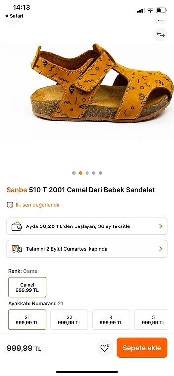 21 Beden camel Renk Sanbe erkek bebek sandalet