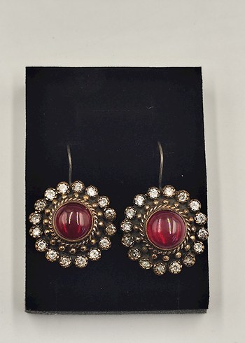 Diğer 925 Ayar Gumus Vintage Bordo Tasli Sallantili Kupe