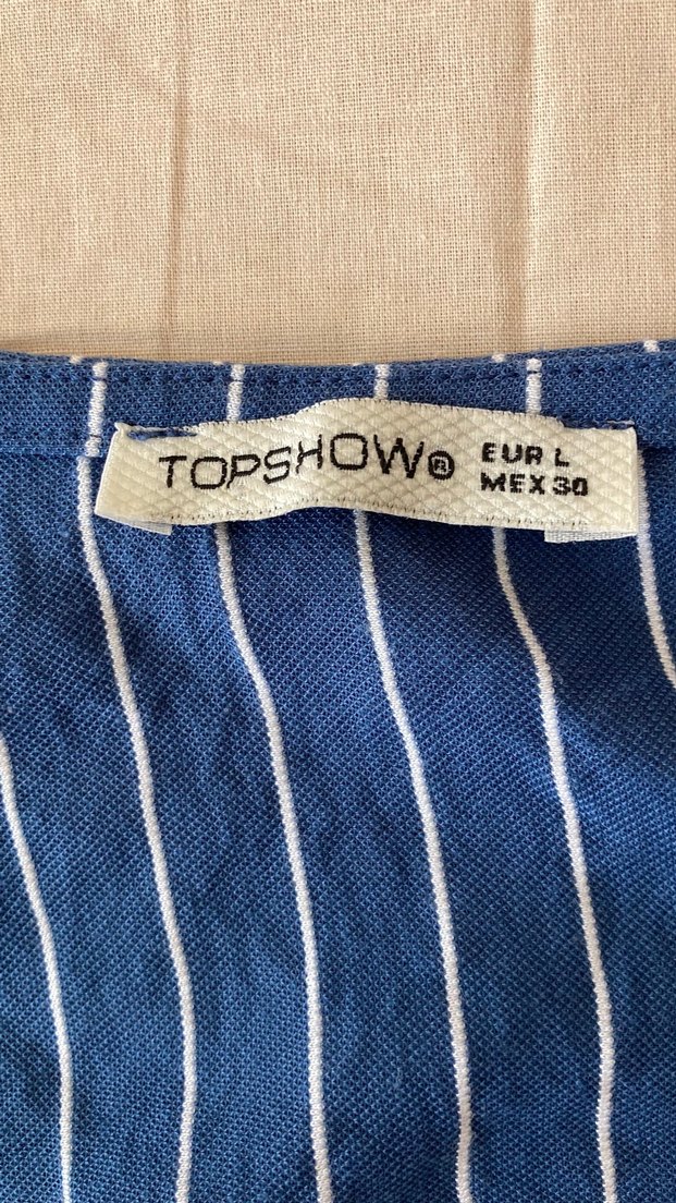 Mavi Çizgili Keten V Yaka Kadın Gömlek - Görsel 3