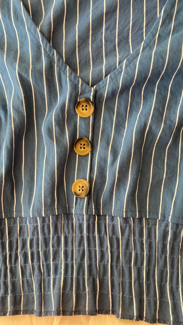 Mavi Çizgili Keten V Yaka Kadın Gömlek - Görsel 4