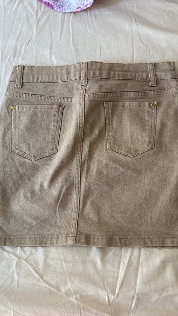 Düğmeli Bej Denim Mini Etek - Görsel 4